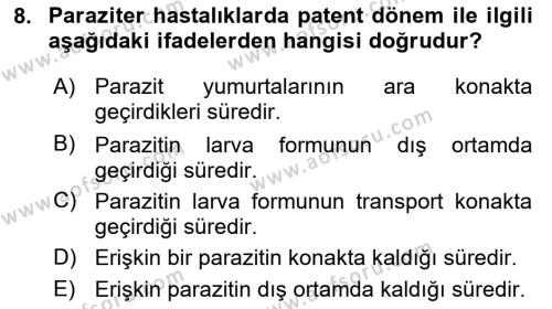 Temel Veteriner Parazitoloji Dersi 2020 - 2021 Yılı Yaz Okulu Sınavı 8. Soru