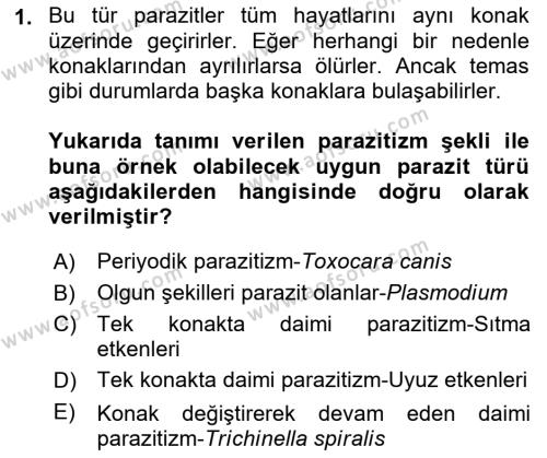 Temel Veteriner Parazitoloji Dersi 2021 - 2022 Yılı Yaz Okulu Sınavı 1. Soru