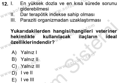 Temel Veteriner Parazitoloji Dersi 2021 - 2022 Yılı Yaz Okulu Sınavı 12. Soru