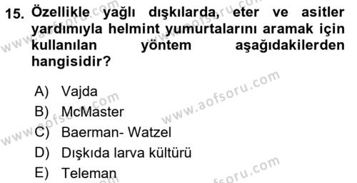 Temel Veteriner Parazitoloji Dersi 2021 - 2022 Yılı Yaz Okulu Sınavı 15. Soru