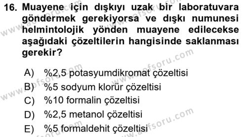 Temel Veteriner Parazitoloji Dersi 2021 - 2022 Yılı Yaz Okulu Sınavı 16. Soru