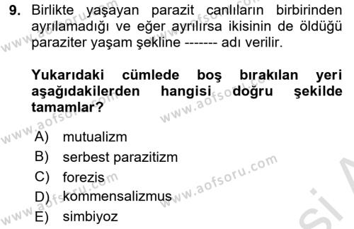 Temel Veteriner Parazitoloji Dersi 2021 - 2022 Yılı Yaz Okulu Sınavı 9. Soru