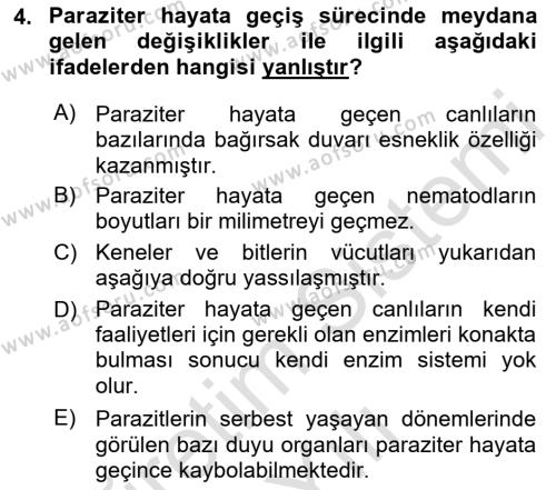 Temel Veteriner Parazitoloji Dersi 2022 - 2023 Yılı Yaz Okulu Sınavı 4. Soru