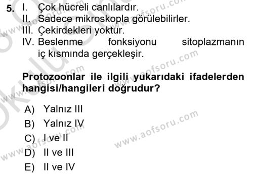 Temel Veteriner Parazitoloji Dersi 2022 - 2023 Yılı Yaz Okulu Sınavı 5. Soru