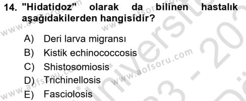 Temel Veteriner Parazitoloji Dersi 2023 - 2024 Yılı (Vize) Ara Sınavı 14. Soru