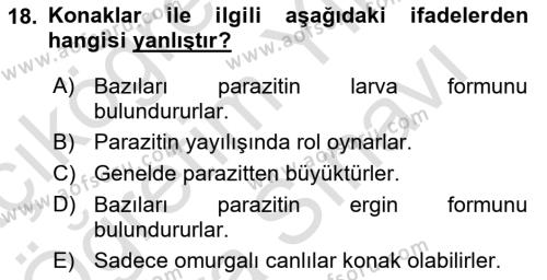 Temel Veteriner Parazitoloji Dersi 2023 - 2024 Yılı (Vize) Ara Sınavı 18. Soru