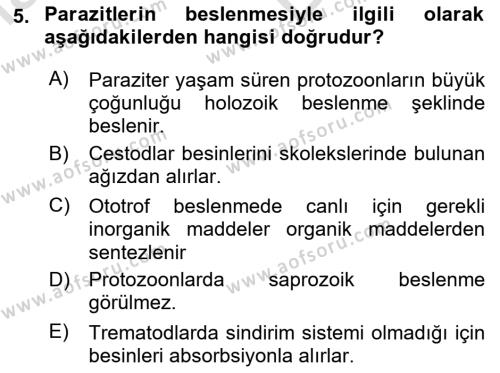 Temel Veteriner Parazitoloji Dersi 2023 - 2024 Yılı (Vize) Ara Sınavı 5. Soru