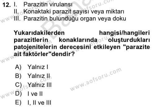 Temel Veteriner Parazitoloji Dersi 2023 - 2024 Yılı (Final) Dönem Sonu Sınavı 12. Soru