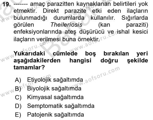 Temel Veteriner Parazitoloji Dersi 2023 - 2024 Yılı (Final) Dönem Sonu Sınavı 19. Soru