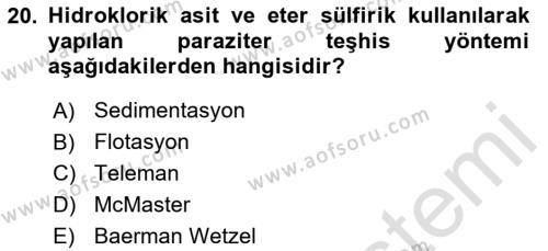 Temel Veteriner Parazitoloji Dersi 2023 - 2024 Yılı (Final) Dönem Sonu Sınavı 20. Soru