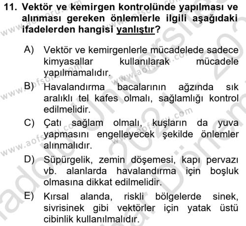 Hijyen ve Sanitasyon Dersi 2021 - 2022 Yılı (Final) Dönem Sonu Sınavı 11. Soru