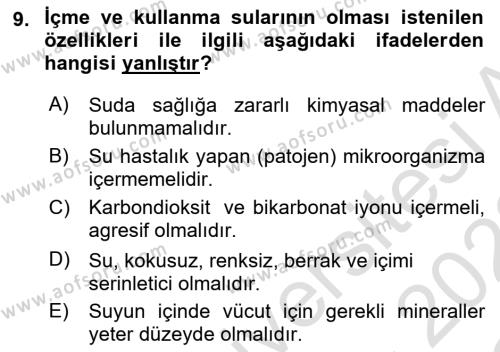 Hijyen ve Sanitasyon Dersi 2021 - 2022 Yılı Yaz Okulu Sınavı 9. Soru