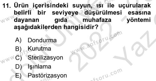 Hijyen ve Sanitasyon Dersi 2022 - 2023 Yılı Yaz Okulu Sınavı 11. Soru