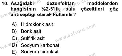 Hijyen ve Sanitasyon Dersi 2023 - 2024 Yılı (Vize) Ara Sınavı 10. Soru