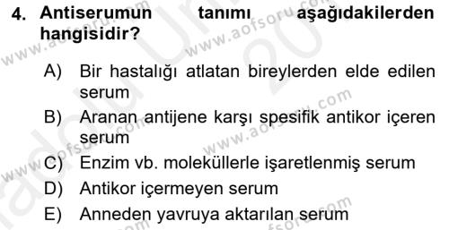 Temel Veteriner Mikrobiyoloji ve İmmünoloji Dersi 2017 - 2018 Yılı 3 Ders Sınavı 4. Soru