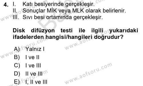 Temel Veteriner Mikrobiyoloji ve İmmünoloji Dersi 2021 - 2022 Yılı (Final) Dönem Sonu Sınavı 4. Soru