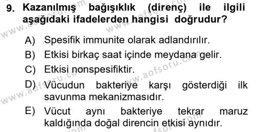 Temel Veteriner Mikrobiyoloji ve İmmünoloji Dersi 2023 - 2024 Yılı (Vize) Ara Sınavı 9. Soru