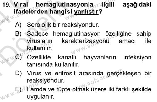 Temel Veteriner Mikrobiyoloji ve İmmünoloji Dersi 2023 - 2024 Yılı (Final) Dönem Sonu Sınavı 19. Soru