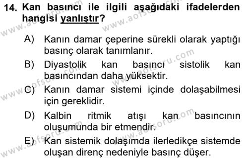 Temel Veteriner Fizyoloji Dersi 2023 - 2024 Yılı (Vize) Ara Sınavı 14. Soru