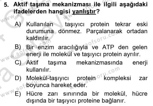 Temel Veteriner Fizyoloji Dersi 2023 - 2024 Yılı (Vize) Ara Sınavı 5. Soru