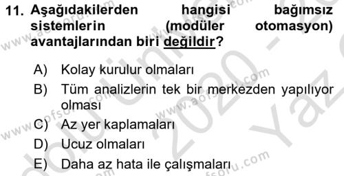 Veteriner Laboratuvar Teknikleri ve Prensipleri Dersi 2020 - 2021 Yılı Yaz Okulu Sınavı 11. Soru