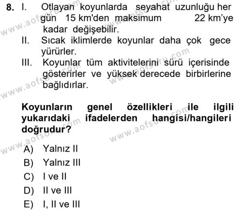 Hayvan Davranışları ve Refahı Dersi 2021 - 2022 Yılı (Vize) Ara Sınavı 8. Soru