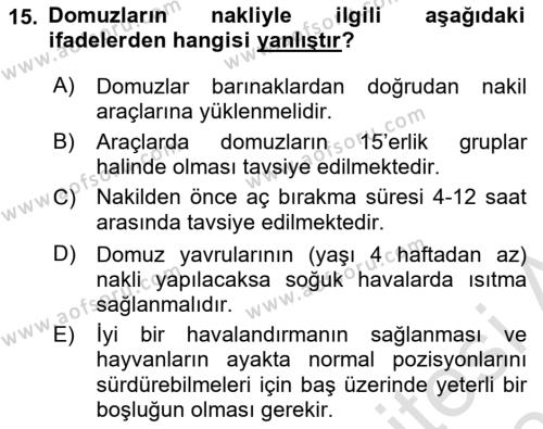 Hayvan Davranışları ve Refahı Dersi 2021 - 2022 Yılı (Final) Dönem Sonu Sınavı 15. Soru