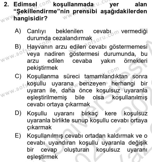 Hayvan Davranışları ve Refahı Dersi 2021 - 2022 Yılı Yaz Okulu Sınavı 2. Soru