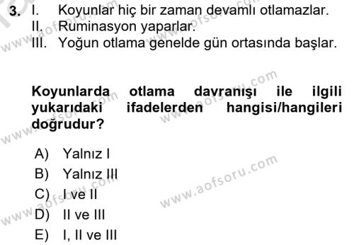 Hayvan Davranışları ve Refahı Dersi 2021 - 2022 Yılı Yaz Okulu Sınavı 3. Soru