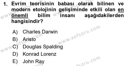 Hayvan Davranışları ve Refahı Dersi 2022 - 2023 Yılı Yaz Okulu Sınavı 1. Soru