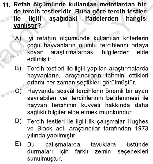 Hayvan Davranışları ve Refahı Dersi 2022 - 2023 Yılı Yaz Okulu Sınavı 11. Soru