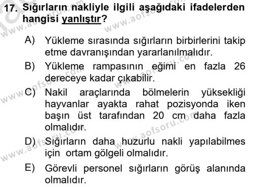 Hayvan Davranışları ve Refahı Dersi 2022 - 2023 Yılı Yaz Okulu Sınavı 17. Soru