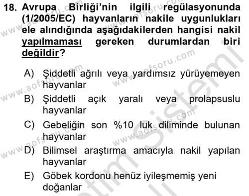 Hayvan Davranışları ve Refahı Dersi 2022 - 2023 Yılı Yaz Okulu Sınavı 18. Soru