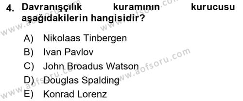 Hayvan Davranışları ve Refahı Dersi 2023 - 2024 Yılı (Vize) Ara Sınavı 4. Soru