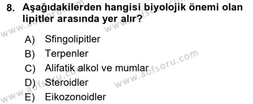 Temel Veteriner Biyokimya Dersi 2021 - 2022 Yılı Yaz Okulu Sınavı 8. Soru