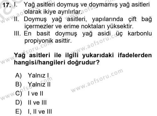 Temel Veteriner Biyokimya Dersi 2022 - 2023 Yılı Yaz Okulu Sınavı 17. Soru