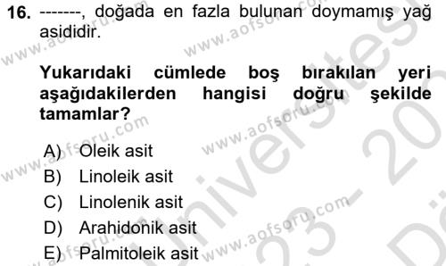 Temel Veteriner Biyokimya Dersi 2023 - 2024 Yılı (Vize) Ara Sınavı 16. Soru