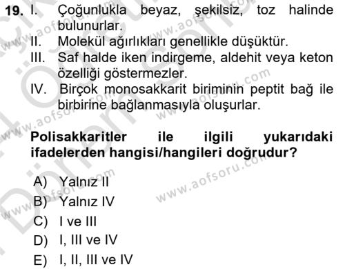 Temel Veteriner Biyokimya Dersi 2023 - 2024 Yılı (Final) Dönem Sonu Sınavı 19. Soru