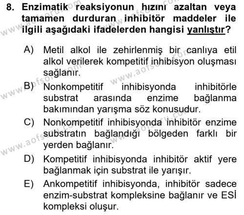 Temel Veteriner Biyokimya Dersi 2023 - 2024 Yılı (Final) Dönem Sonu Sınavı 8. Soru