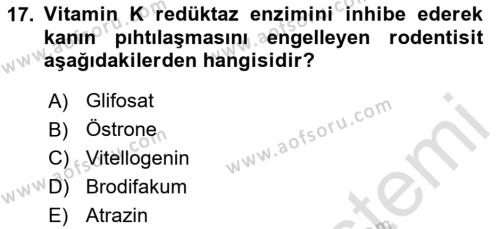 Temel Veteriner Farmakoloji ve Toksikoloji Dersi 2020 - 2021 Yılı Yaz Okulu Sınavı 17. Soru