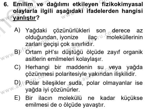 Temel Veteriner Farmakoloji ve Toksikoloji Dersi 2021 - 2022 Yılı (Vize) Ara Sınavı 6. Soru