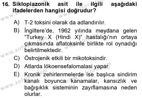 Temel Veteriner Farmakoloji ve Toksikoloji Dersi 2021 - 2022 Yılı (Final) Dönem Sonu Sınavı 16. Soru