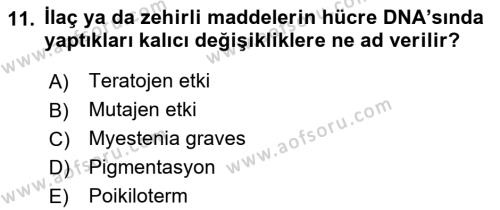 Temel Veteriner Farmakoloji ve Toksikoloji Dersi 2021 - 2022 Yılı Yaz Okulu Sınavı 11. Soru