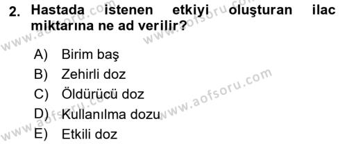 Temel Veteriner Farmakoloji ve Toksikoloji Dersi 2021 - 2022 Yılı Yaz Okulu Sınavı 2. Soru