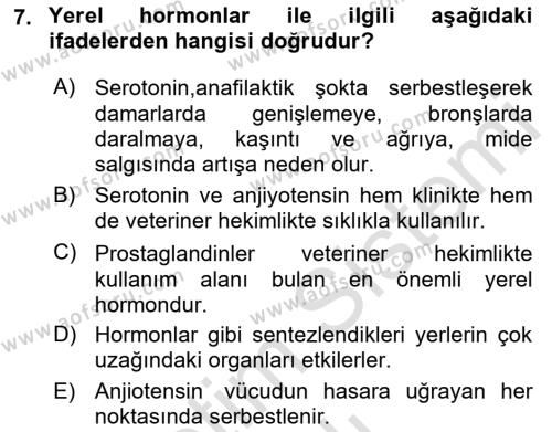 Temel Veteriner Farmakoloji ve Toksikoloji Dersi 2021 - 2022 Yılı Yaz Okulu Sınavı 7. Soru