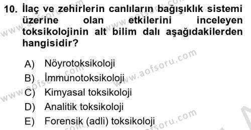 Temel Veteriner Farmakoloji ve Toksikoloji Dersi 2023 - 2024 Yılı (Final) Dönem Sonu Sınavı 10. Soru