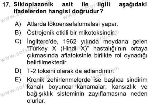 Temel Veteriner Farmakoloji ve Toksikoloji Dersi 2023 - 2024 Yılı (Final) Dönem Sonu Sınavı 17. Soru