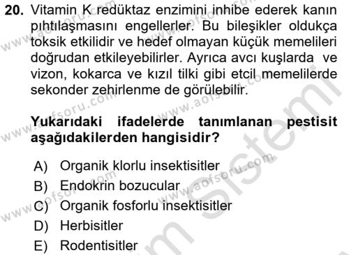 Temel Veteriner Farmakoloji ve Toksikoloji Dersi 2023 - 2024 Yılı (Final) Dönem Sonu Sınavı 20. Soru