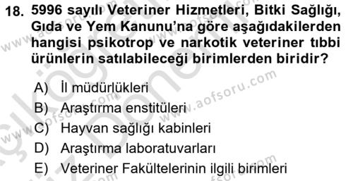 Veteriner Hizmetleri Mevzuatı ve Etik Dersi 2019 - 2020 Yılı (Vize) Ara Sınavı 18. Soru