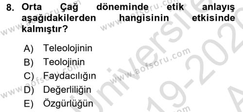 Veteriner Hizmetleri Mevzuatı ve Etik Dersi 2019 - 2020 Yılı (Vize) Ara Sınavı 8. Soru